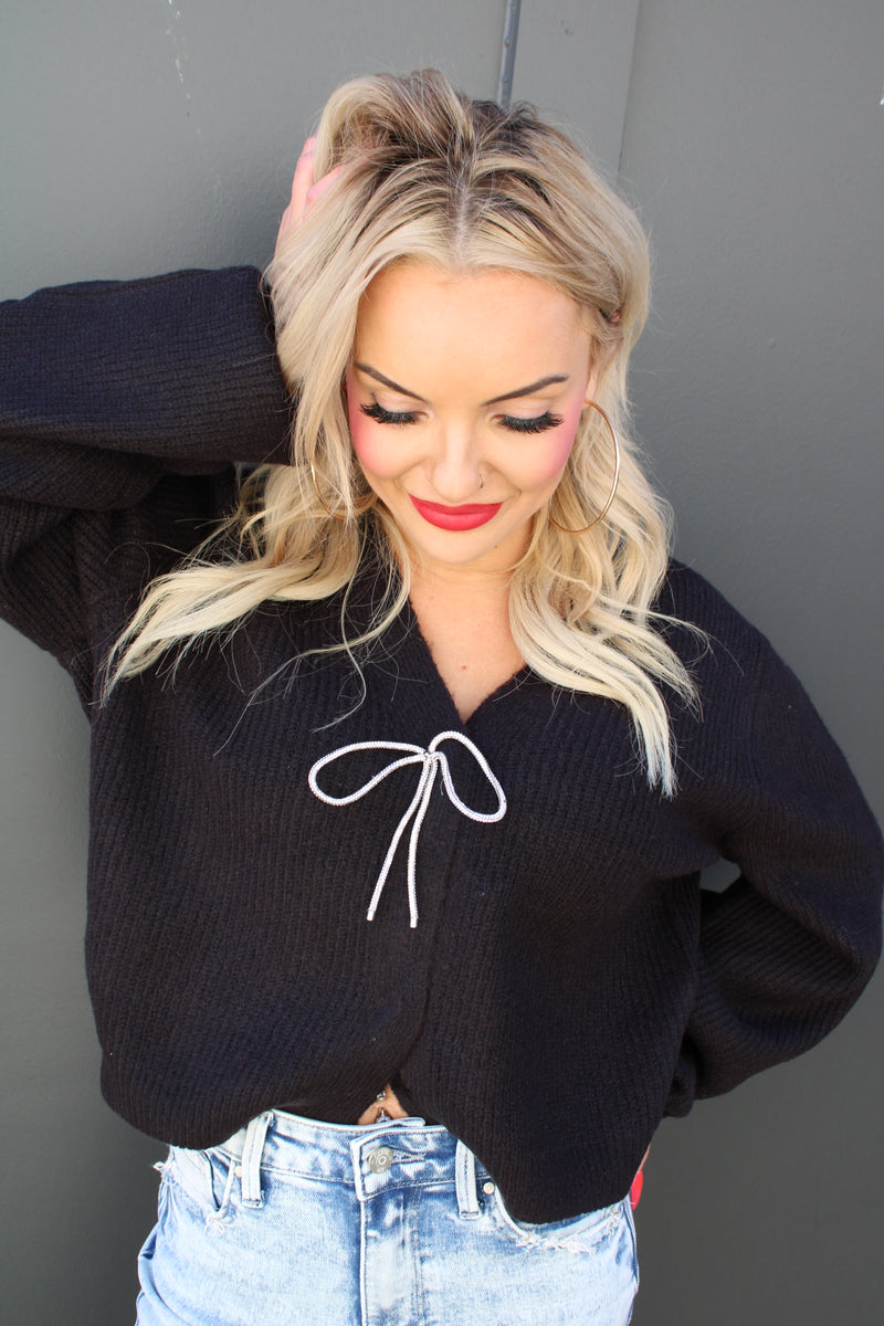 Bow Crystal Cardigan | Black