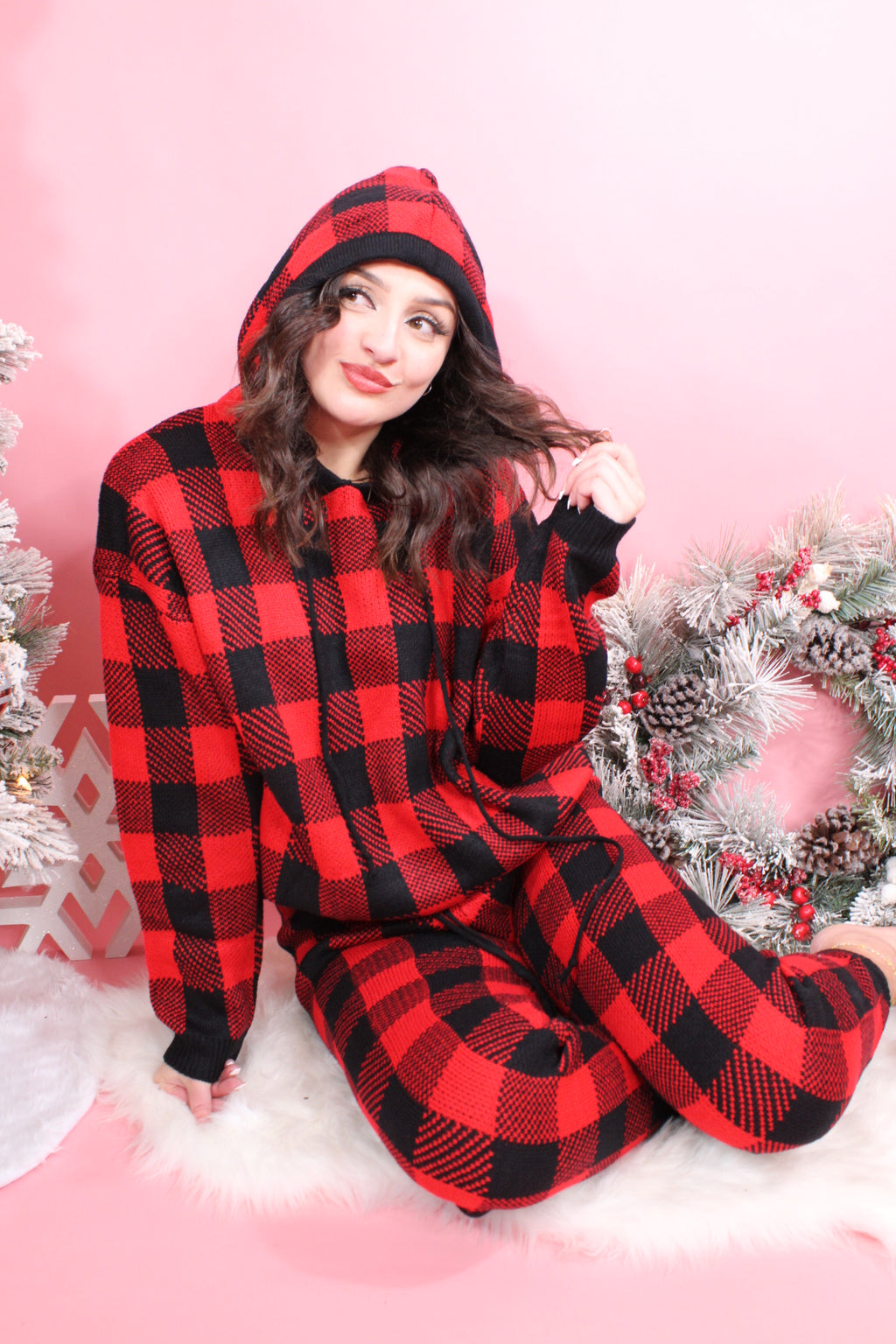 Holiday at Home Printed Loungewear Set: Plaid-Red/Black