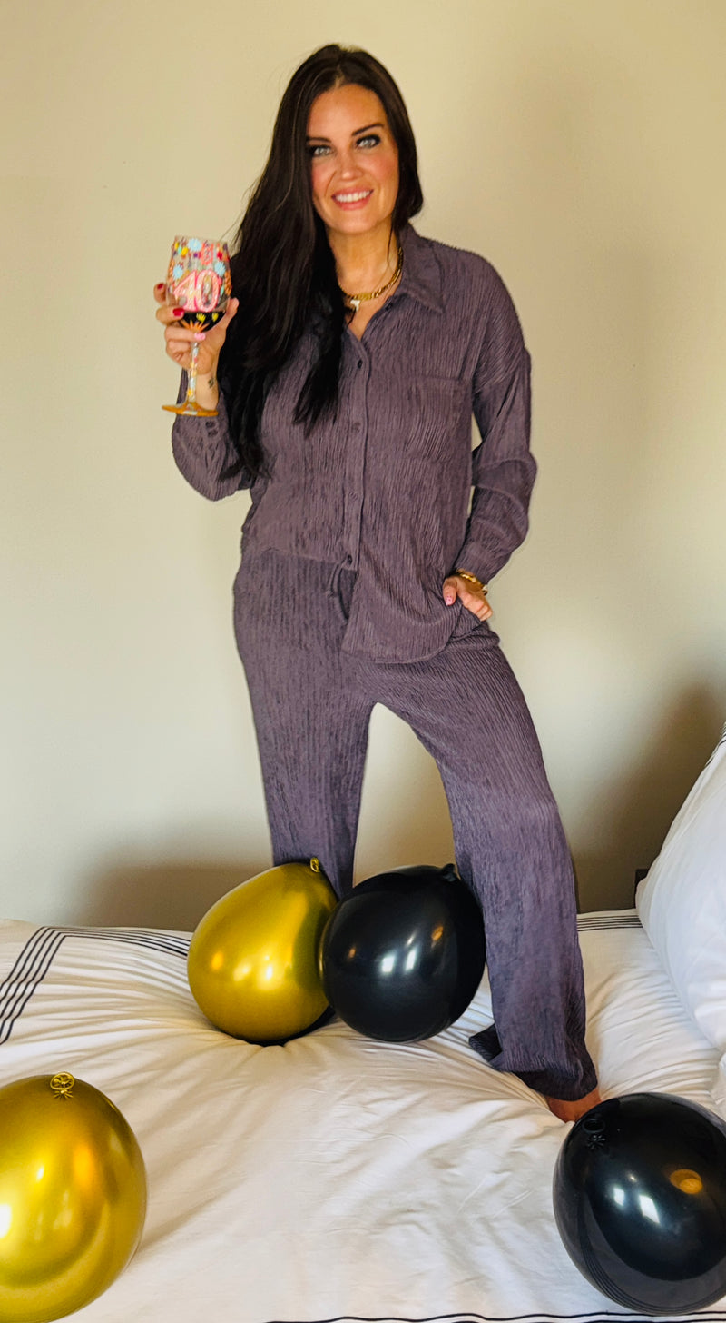 Pajama Party Plisse Two Piece Loungewear Set | Charcoal