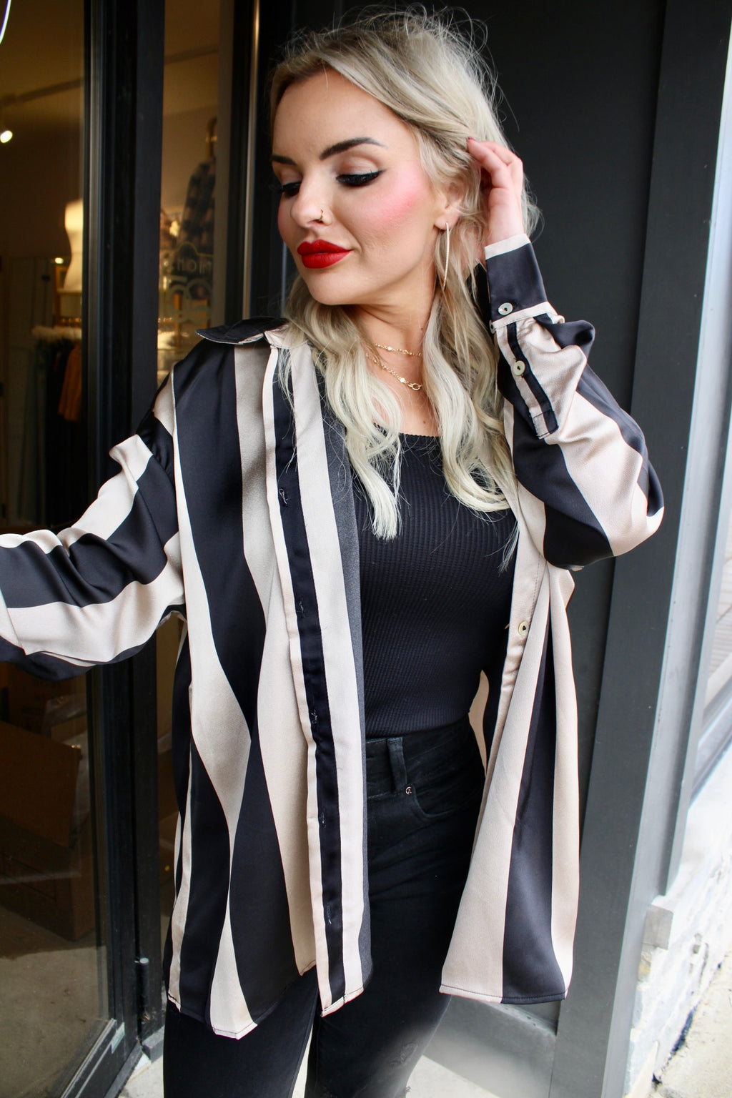 Oversized Striped Satin Shirt | Black