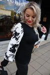Floral Jacquard Contrast Sleeve Knit Top | Black