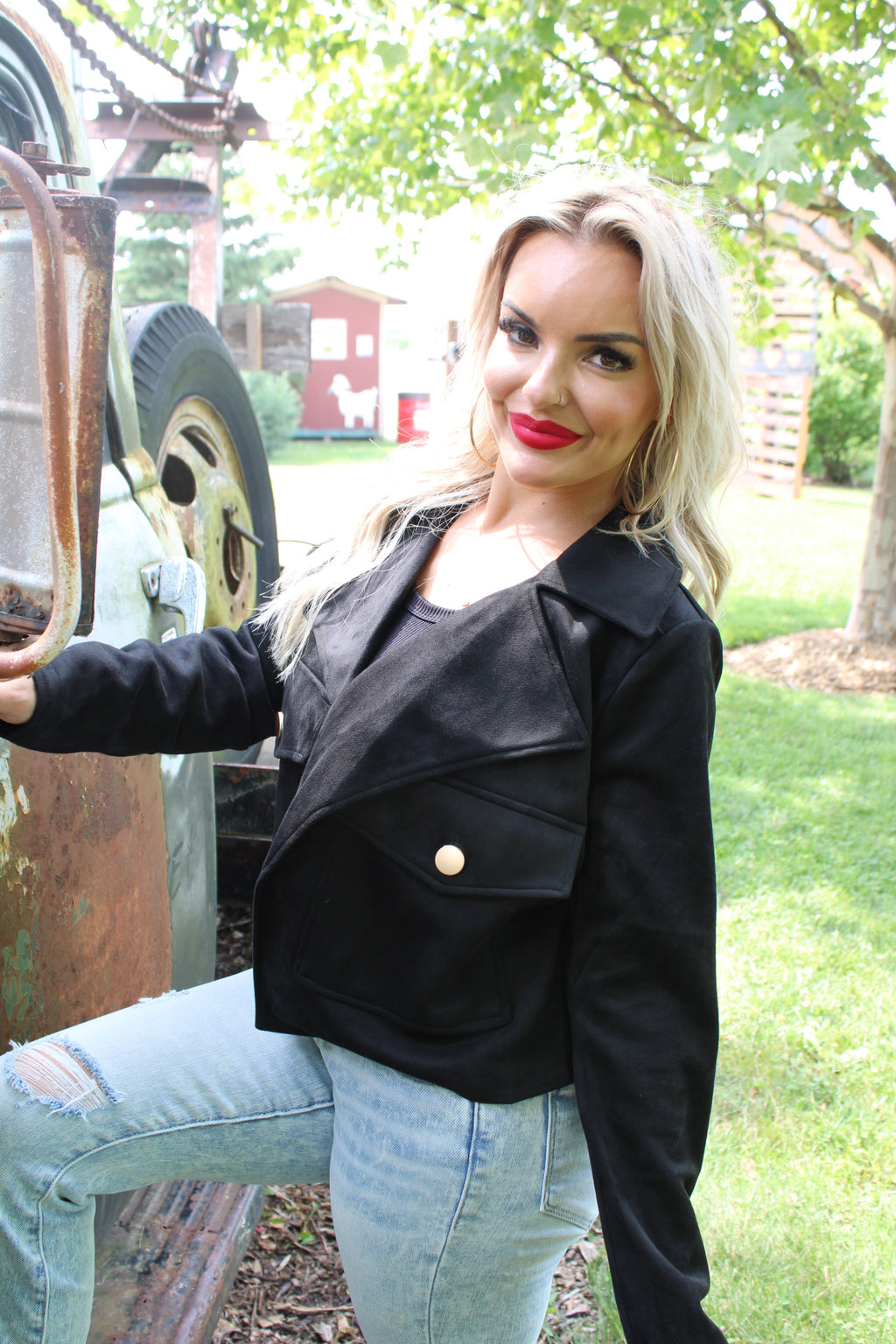 Notched Collar Open Front Faux Suede Jacket | Black