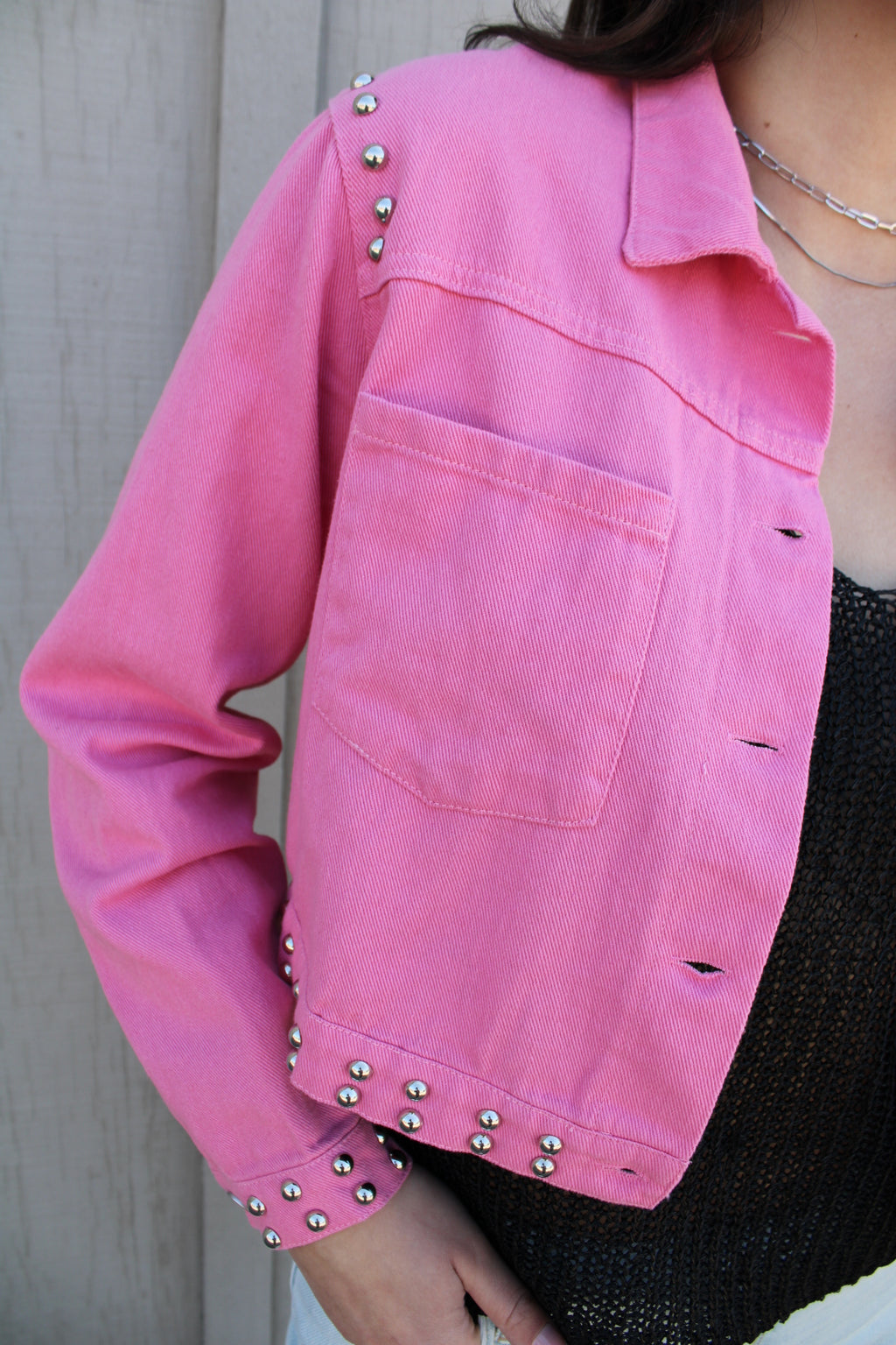 Cheers to 3 Years Studded Denim Jacket | Pink