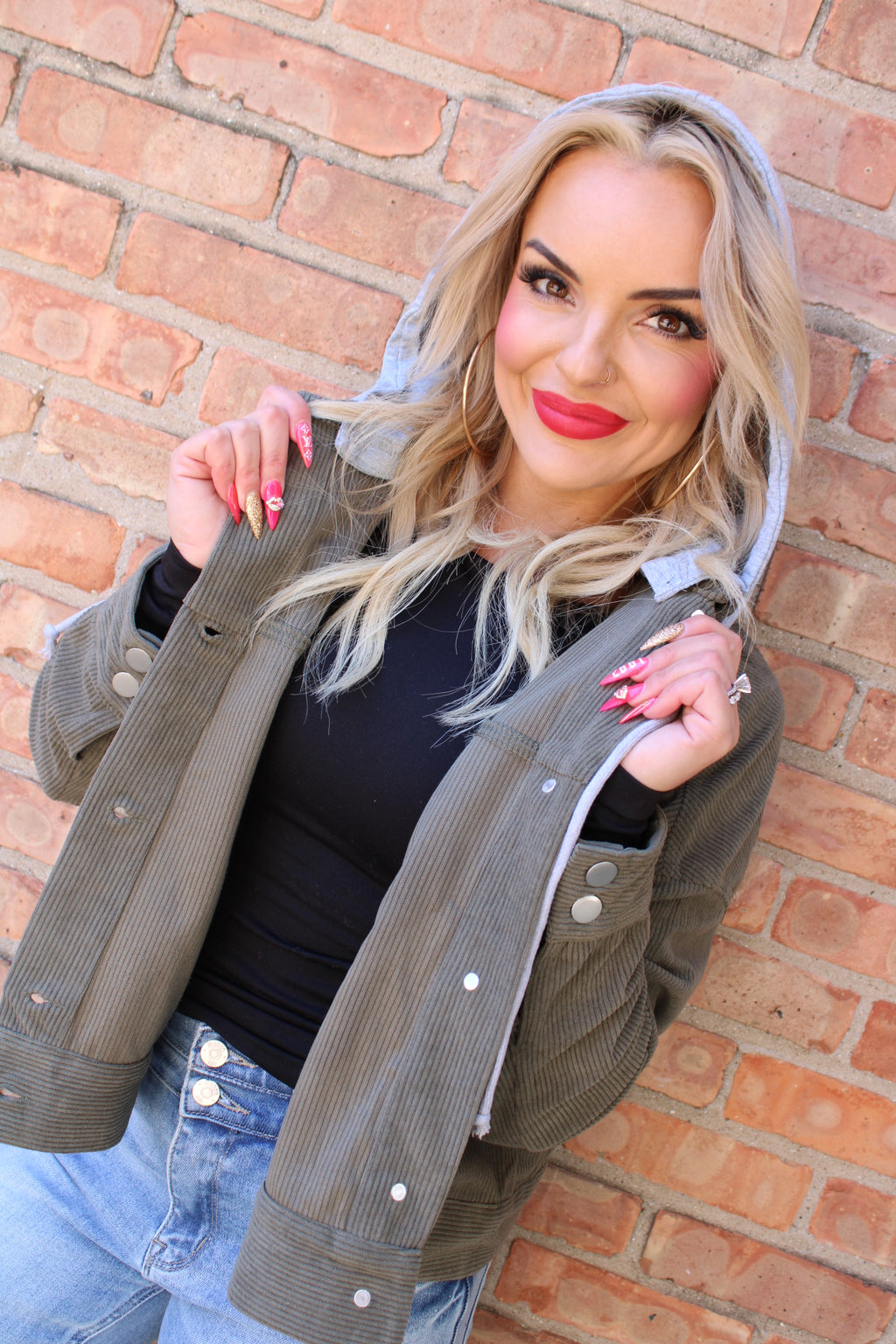 Corduroy Jacket with Detachable Hood | Olive
