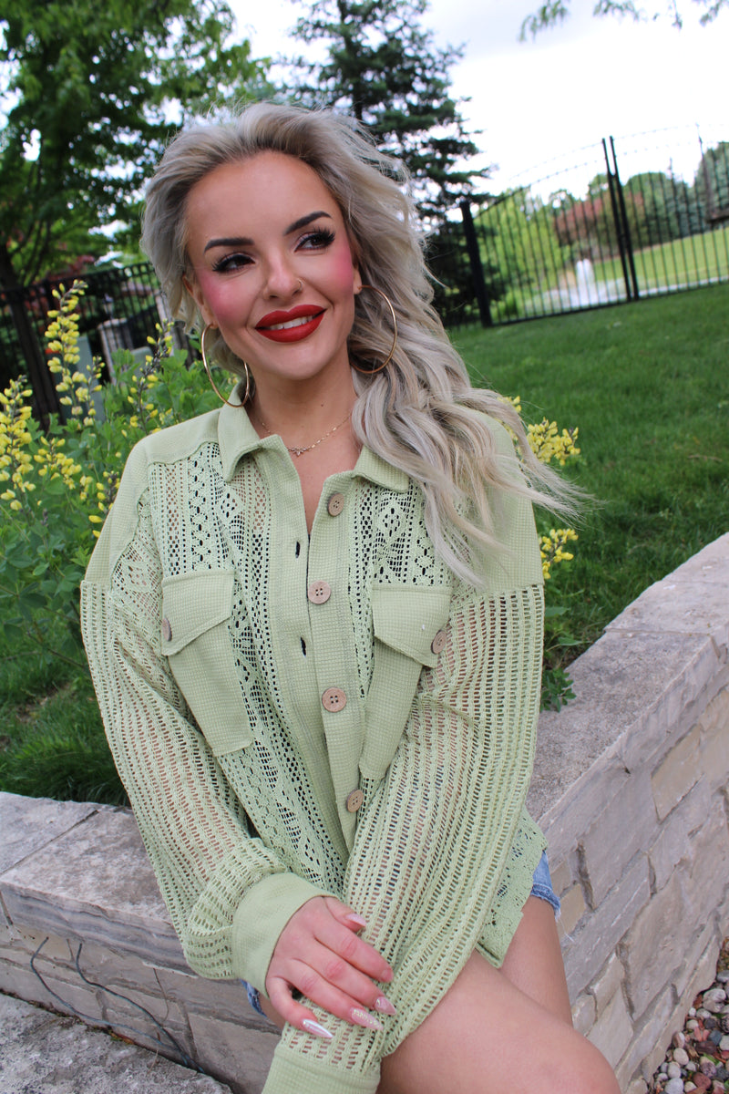 AZ Sunset Crochet Knit Top | Sage Green