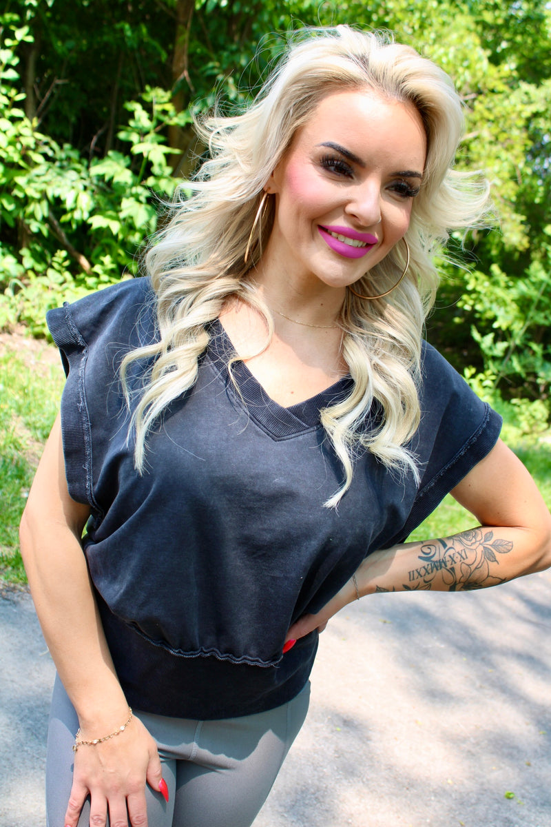 Mono B Vintage Stone V-Neck Vest | Ash Black