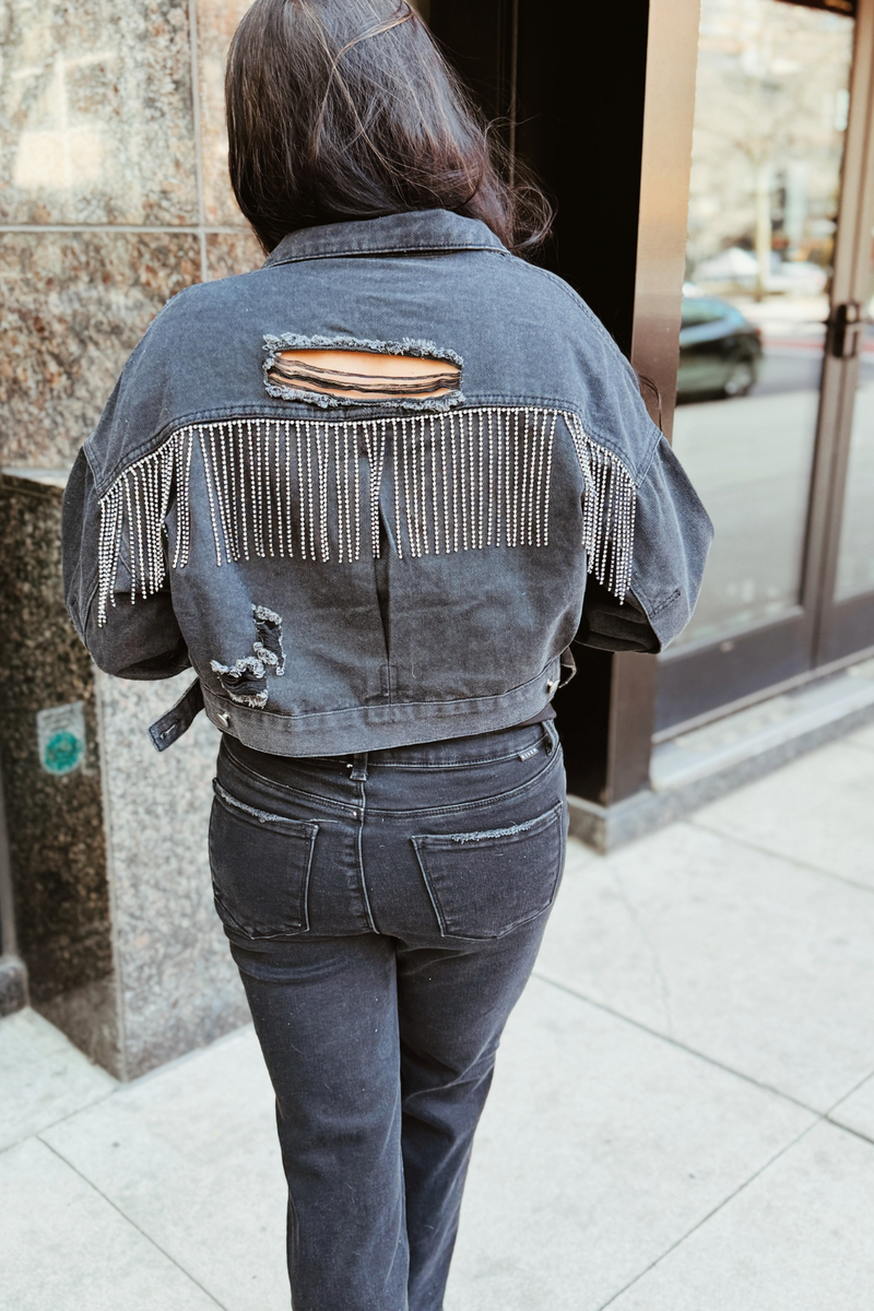 The Celebration Denim Rhinestone Fringe Jacket