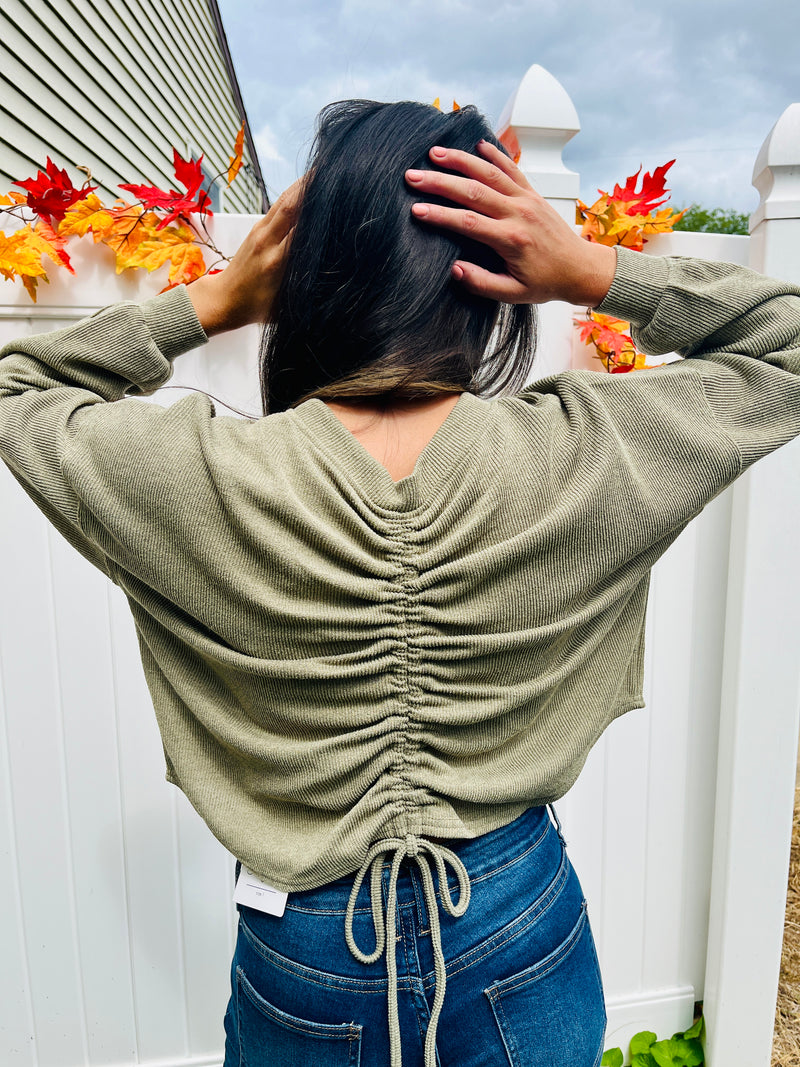 Falling Leaves Ruched Back Long Sleeve Knit Top | Olive