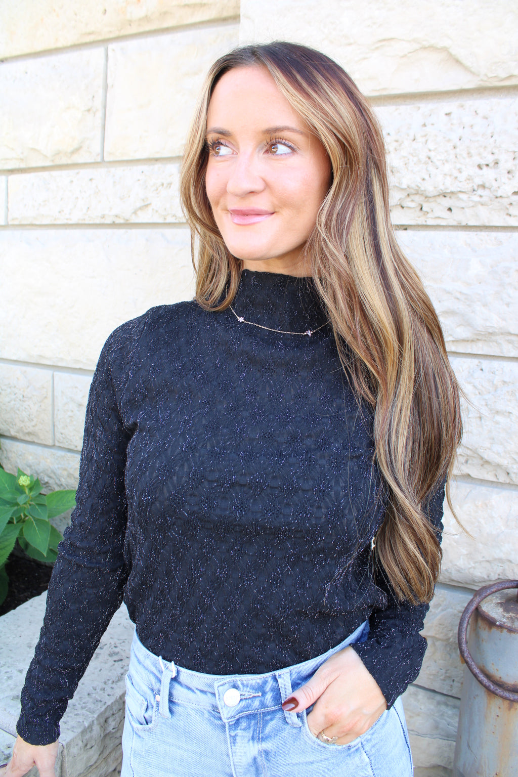 Long Sleeve Mock Neck Shine Top | Black