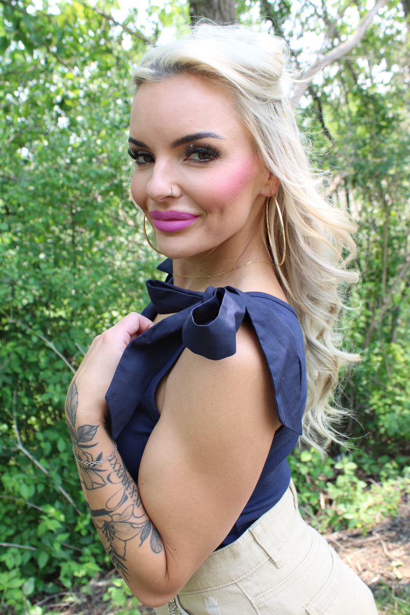 Ribbed V-Neck Bow Tie Tank | Navy