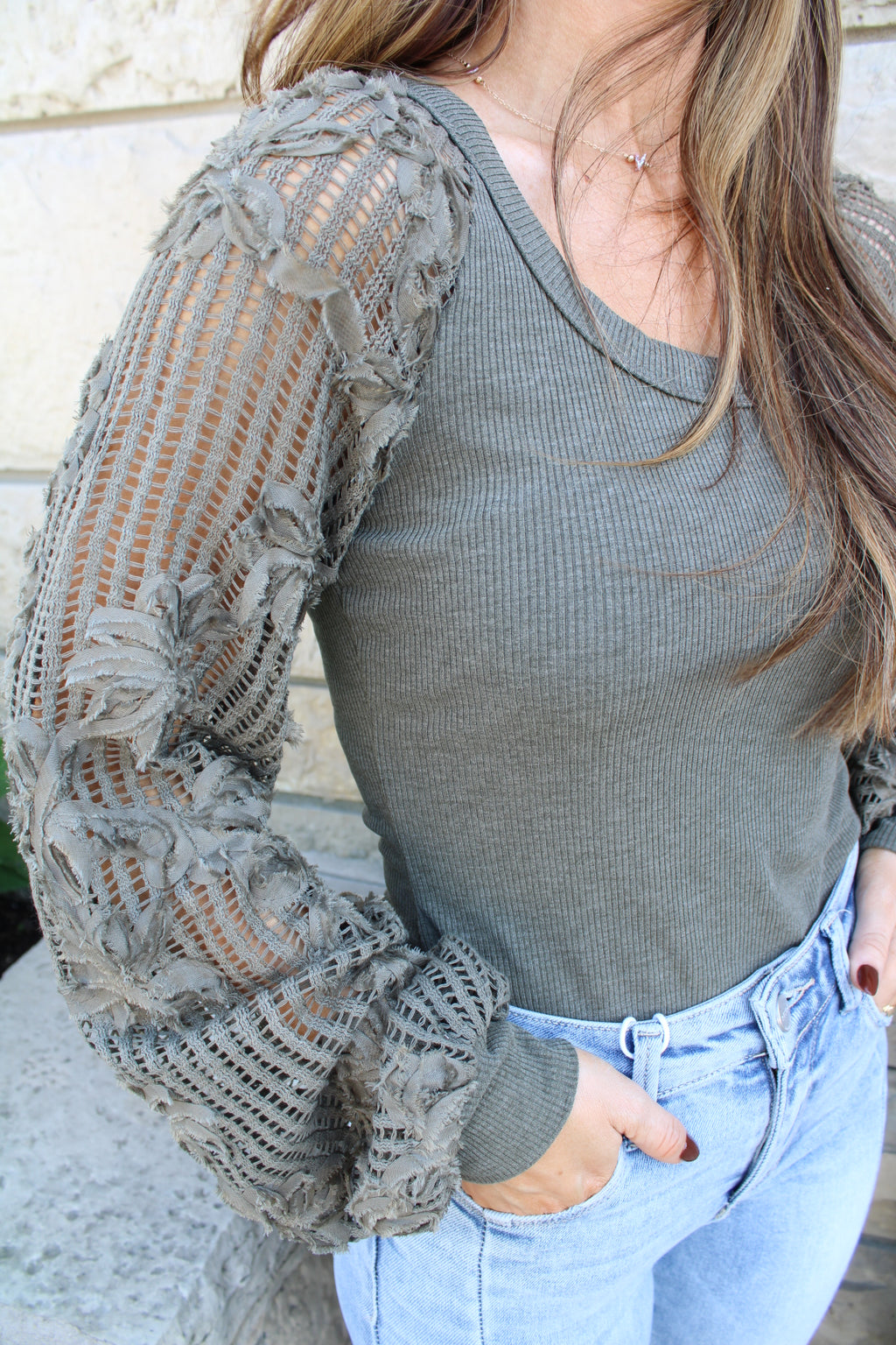 Rib Knit Top with Floral Lace Balloon Sleeves | Olive