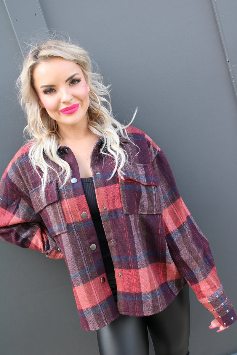 Plaid Stud Cuff Shirt Jacket | Maroon