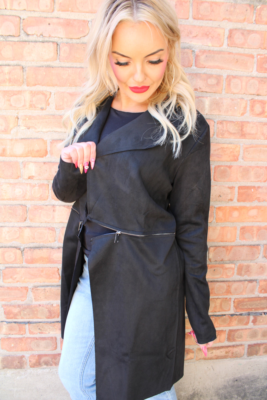 Long Sleeve Front Two Zipper Detail Faux Suede Long Jacket | Black