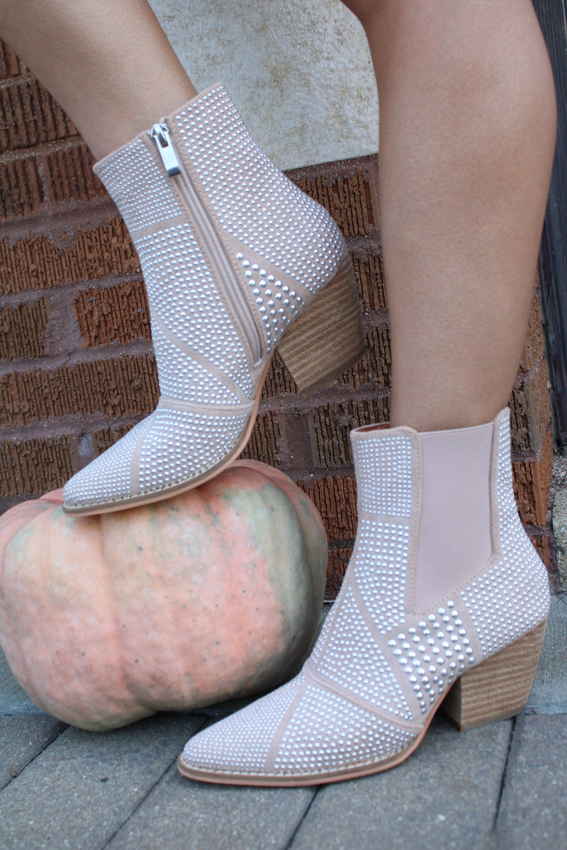 Round Stud Embellished Pointe-Toe Boots