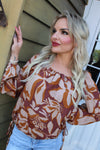 Round Neck Raglan Long Sleeve Wasit Tie Floral Print Top | Brown