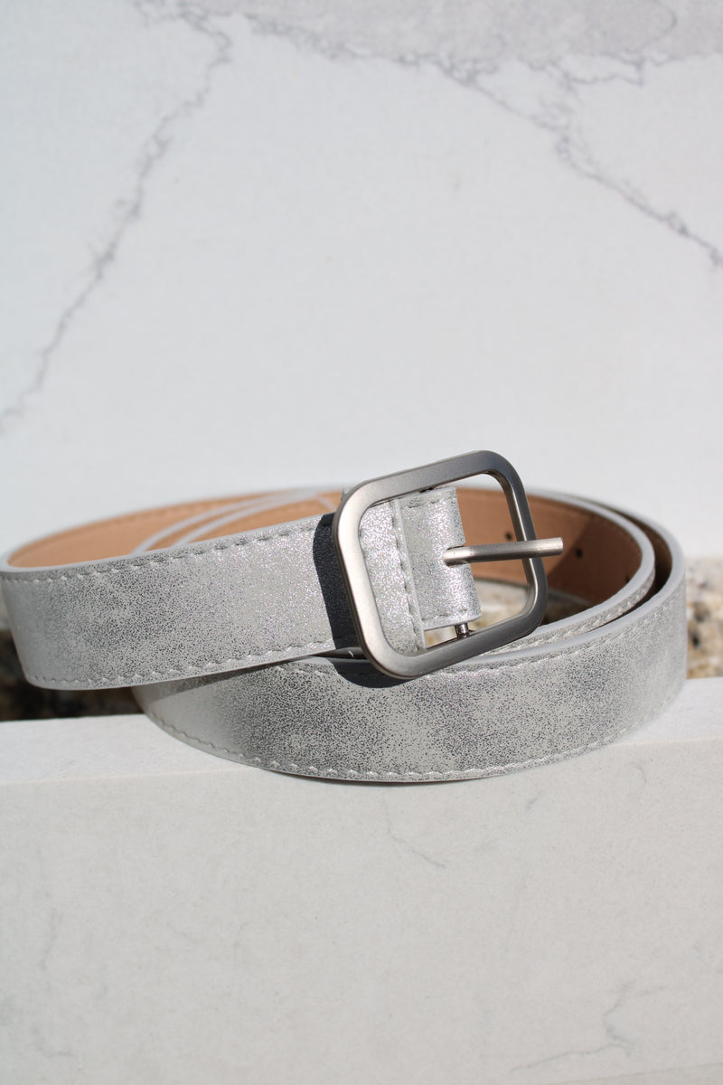 METALLIC SQUARE BUCKLE FAUX LEATHER BELT | Silver