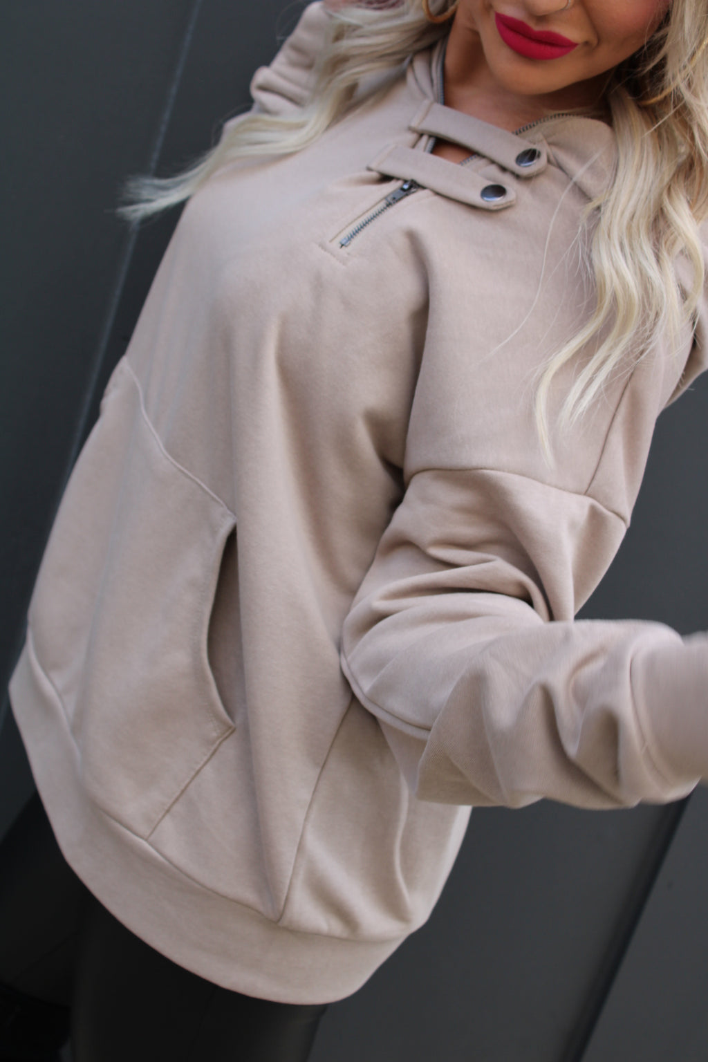 French Terry Hoodie Half Zip Up Sweatshirt | Khaki
