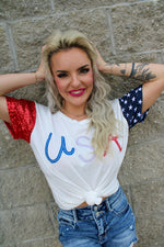Red White Babe Colorblock Embroidered Top