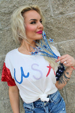 Red White Babe Colorblock Embroidered Top