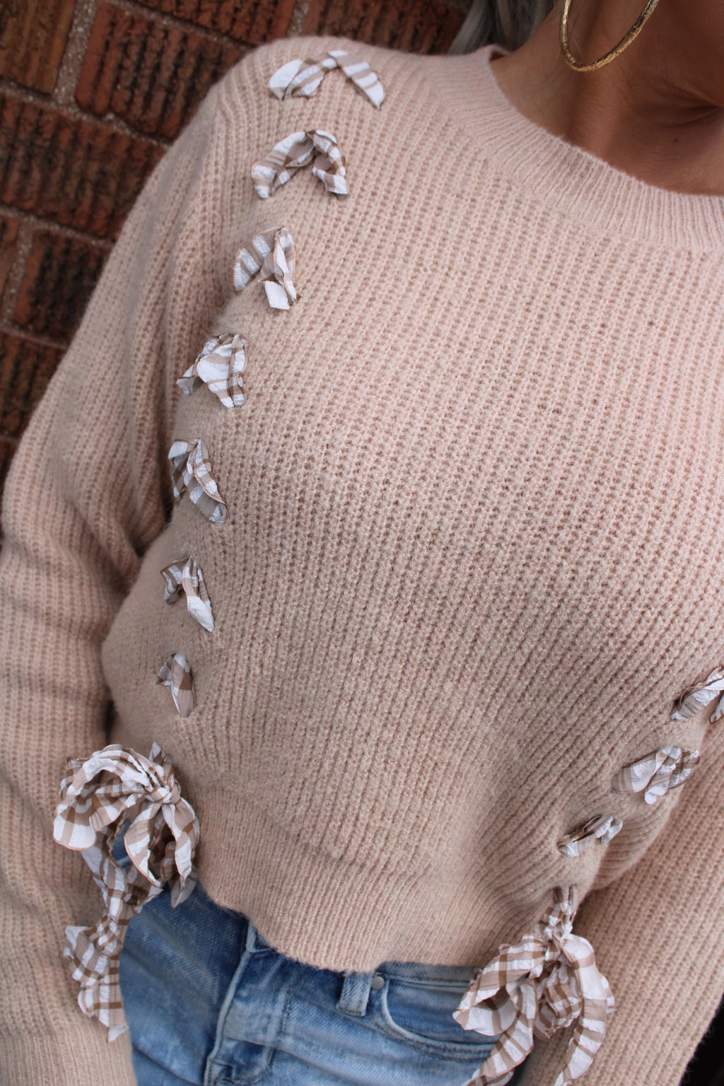 Sweet Cider Plaid Lace Up Sweater | Taupe