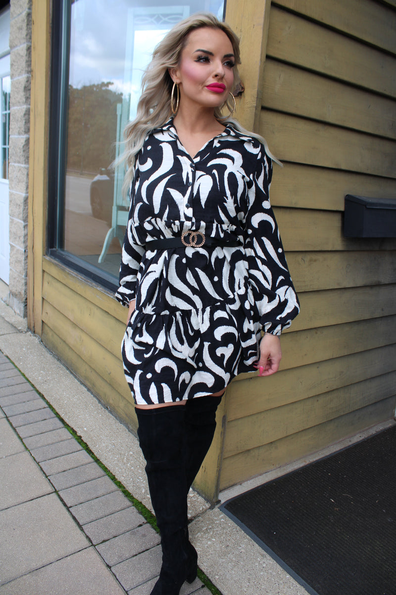 Leaf Printed Poplin Half Button Down Mini Dress