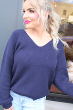 V Neck Drop Shoulder Sweater with Bow Tie Back | Navy