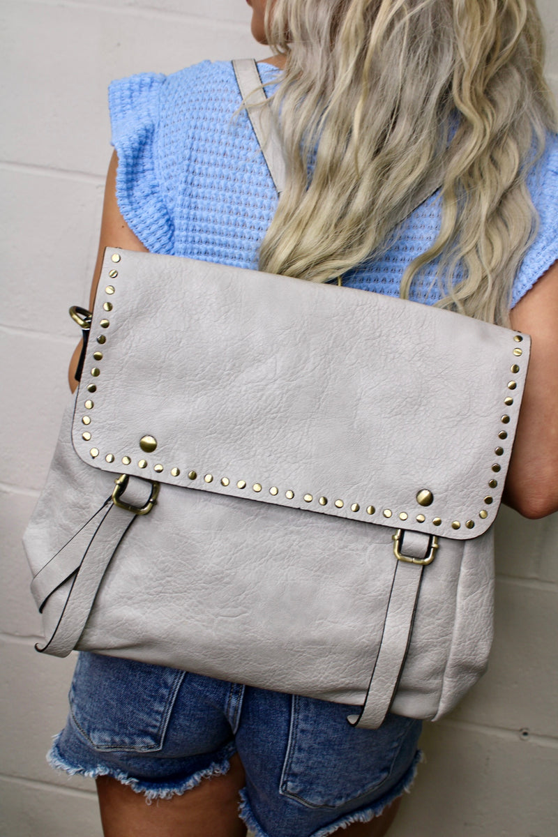 Indigo Backpack w/ Studded Details: Light Grey