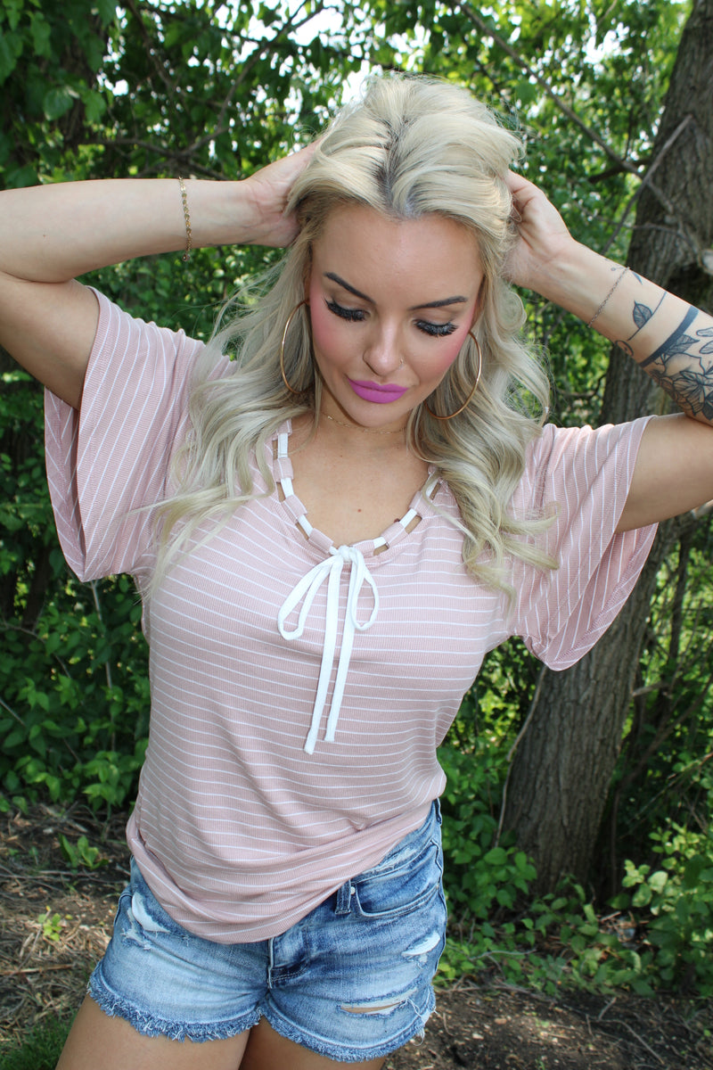 Stripe Contrast Flutter Sleeve Top | Blush