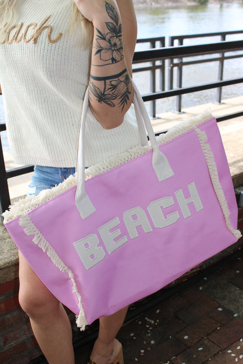 BEACH Message Embroidered Fringe Tote Bag / Beach Bag
: Pink