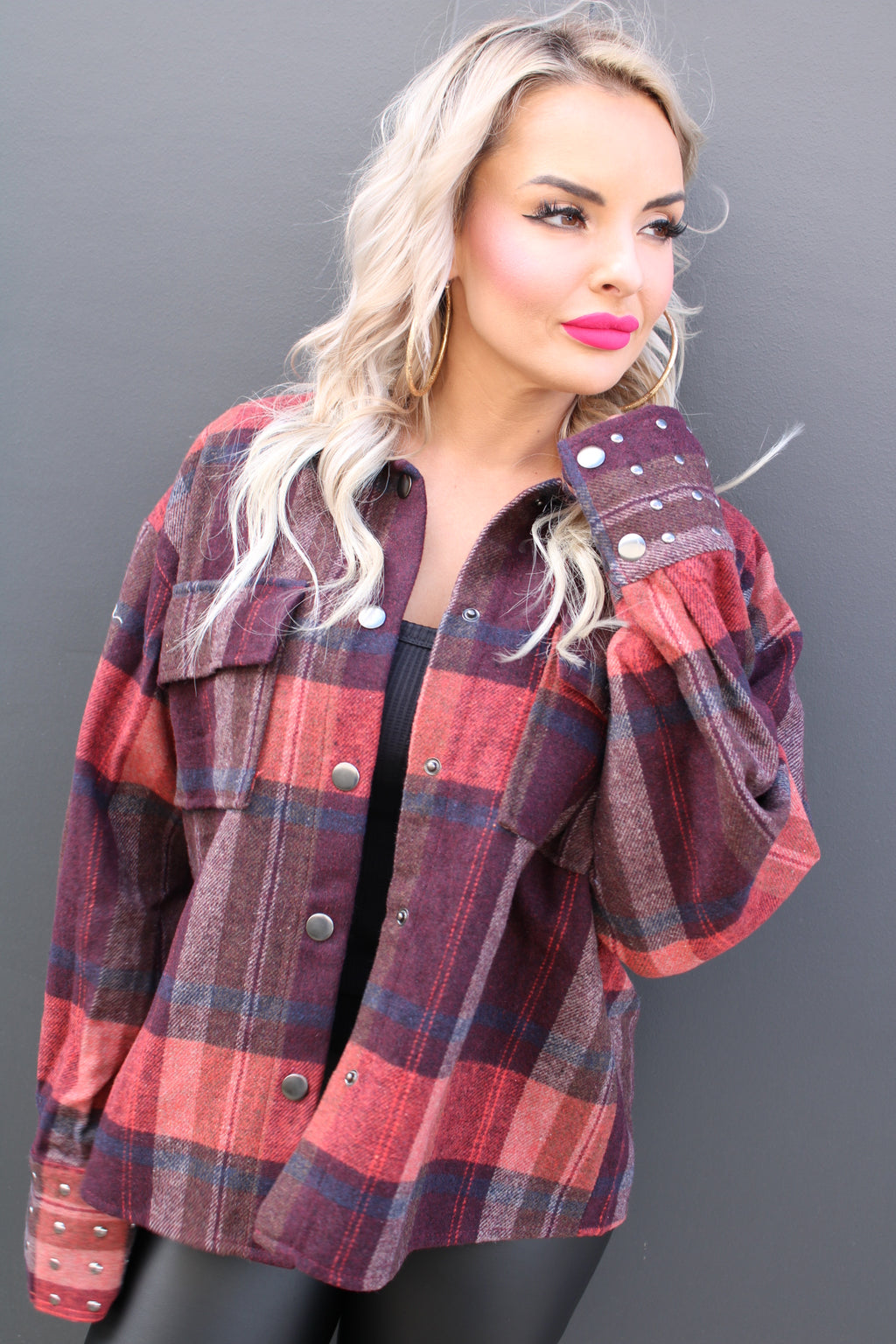 Plaid Stud Cuff Shirt Jacket | Maroon