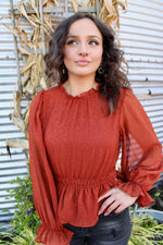 Sweet Spice Metallic Peplum Top | Rust