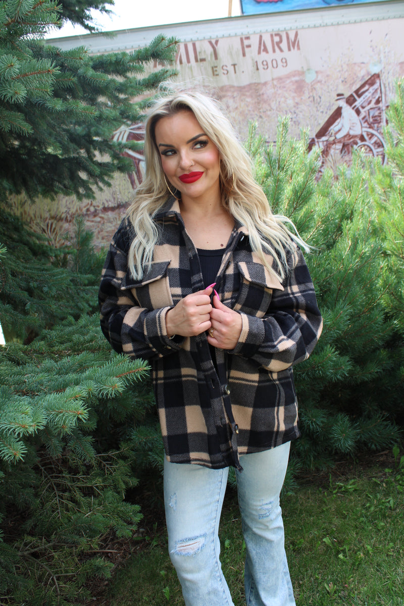 Fall Things Check Printed Fleece Shacket | Black Beige