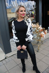 Floral Jacquard Contrast Sleeve Knit Top | Black