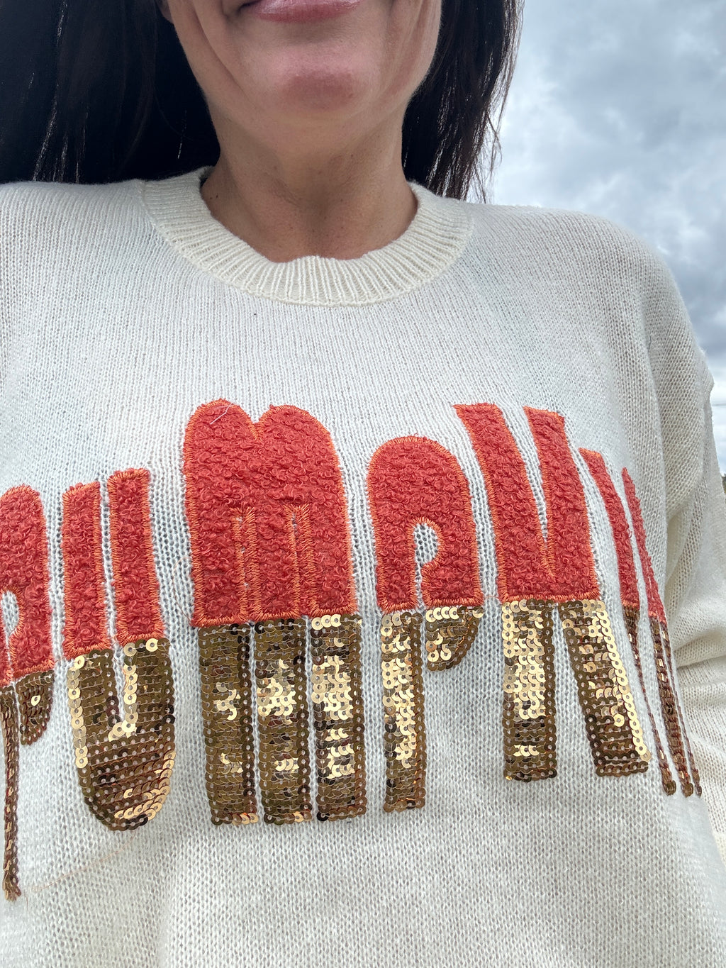 Contrast Pumpkin Sequin Sweater