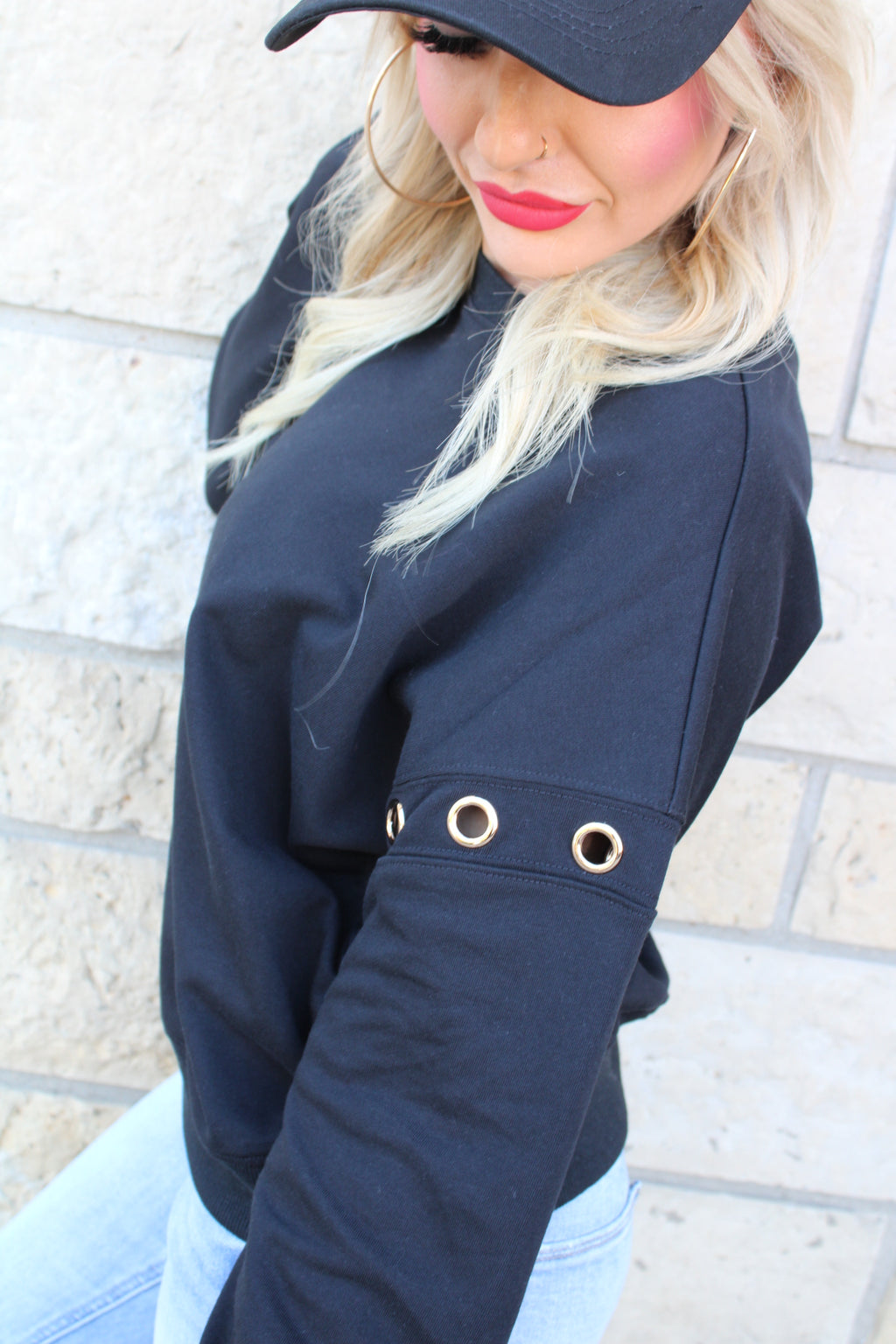Grommet Detail Drop Sweatshirt | Black