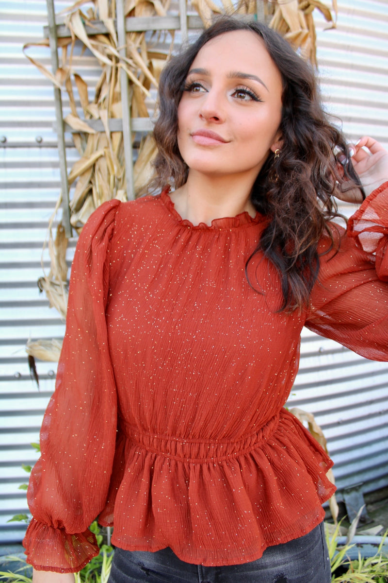 Sweet Spice Metallic Peplum Top | Rust