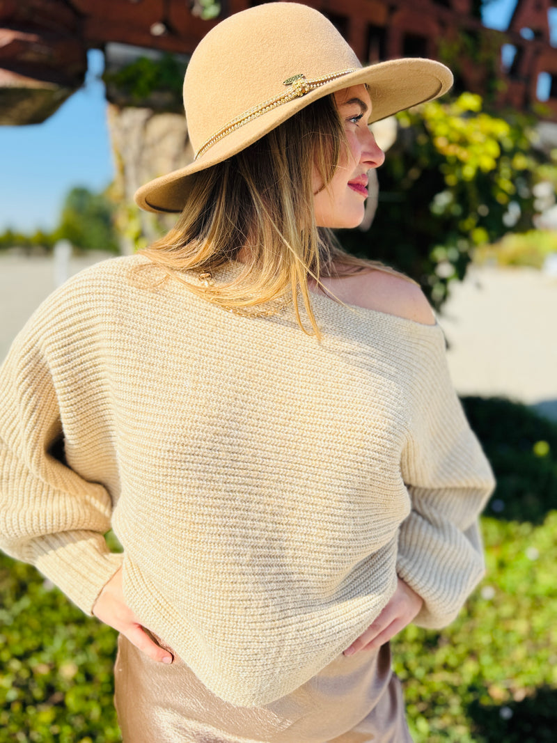 Warm Cider Dolman Sleeve Metallic Sweater | Taupe