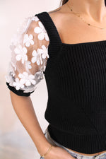 Jackie O Floral Lace Puff Sleeve Knit Sweater