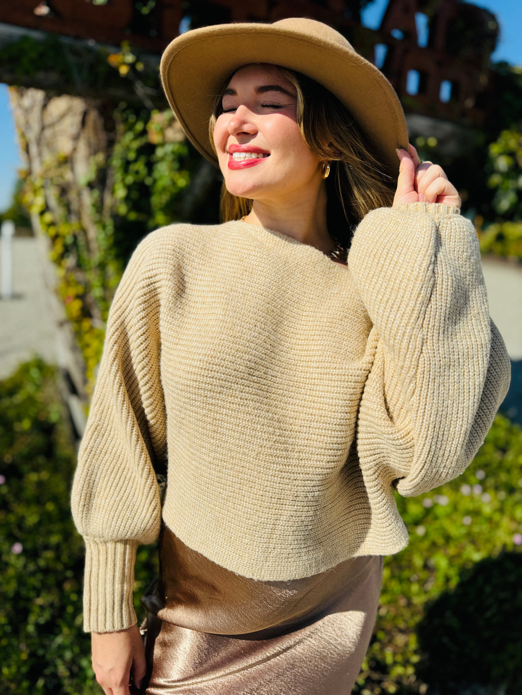 Warm Cider Dolman Sleeve Metallic Sweater | Taupe