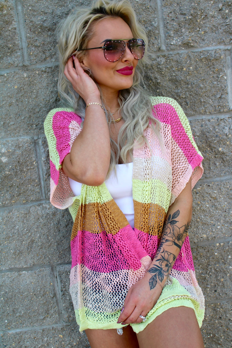 Bright Multicolor Striped Open Knit Cardigan