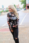 Floral Mock Neck Long Sleeve Shirring Detail Top | Black