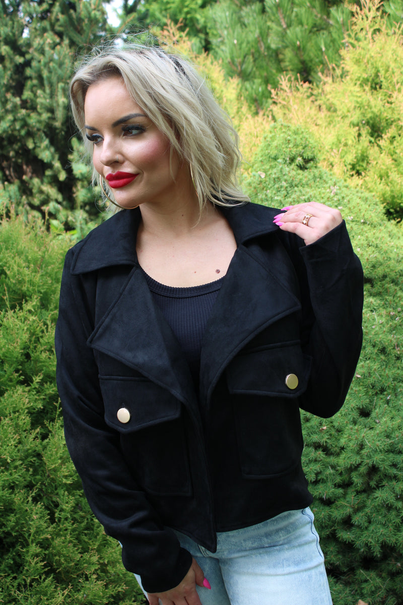 Notched Collar Open Front Faux Suede Jacket | Black