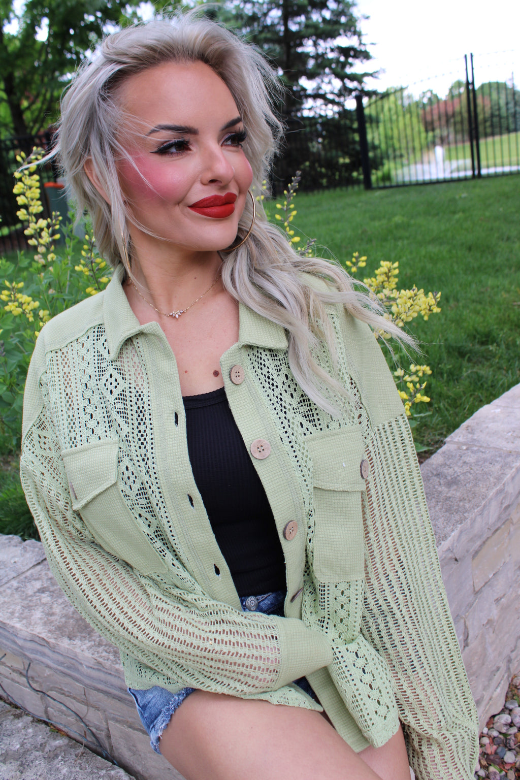 AZ Sunset Crochet Knit Top | Sage Green