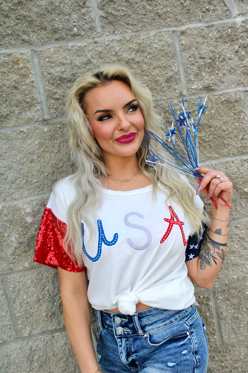 Red White Babe Colorblock Embroidered Top