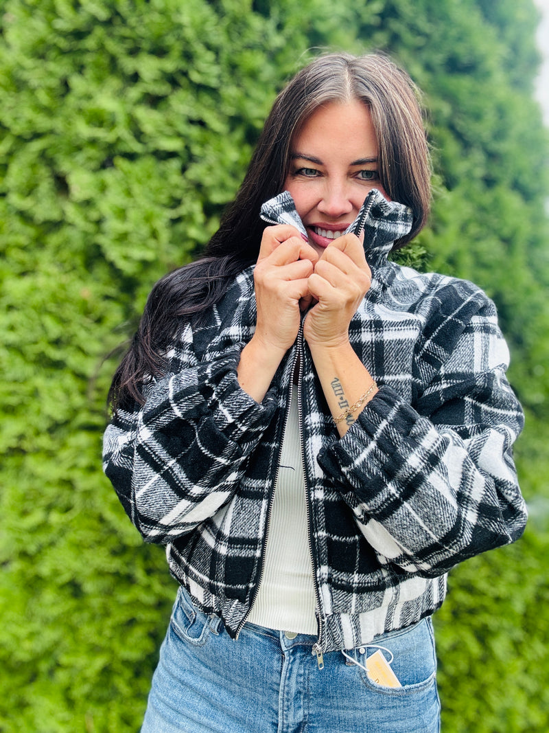 Plaid Zip Up Jacket | Black and White