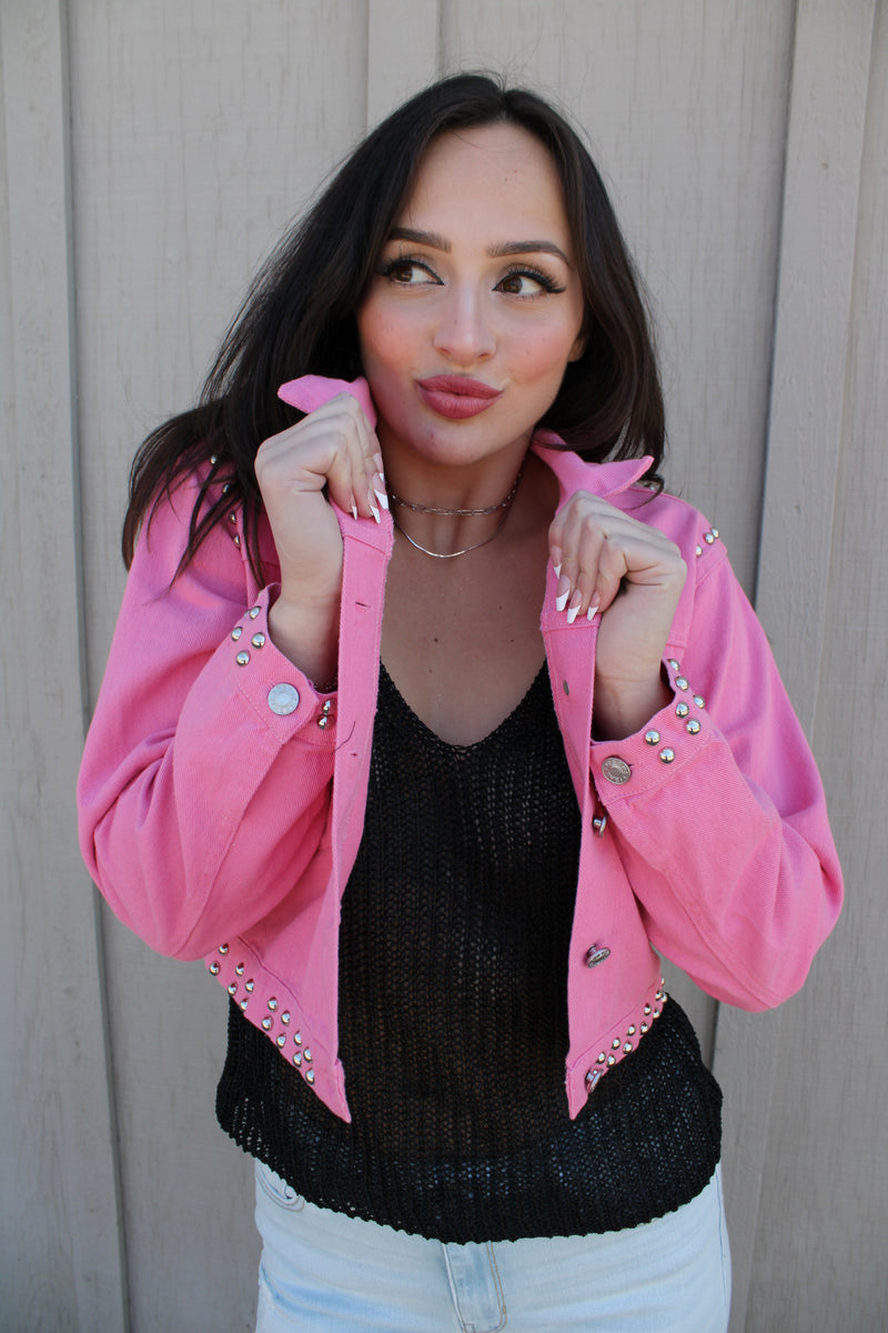 Cheers to 3 Years Studded Denim Jacket | Pink