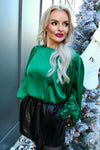 Sequin Cuff Accent Crew Neck Satin Blouse Top | Emerald