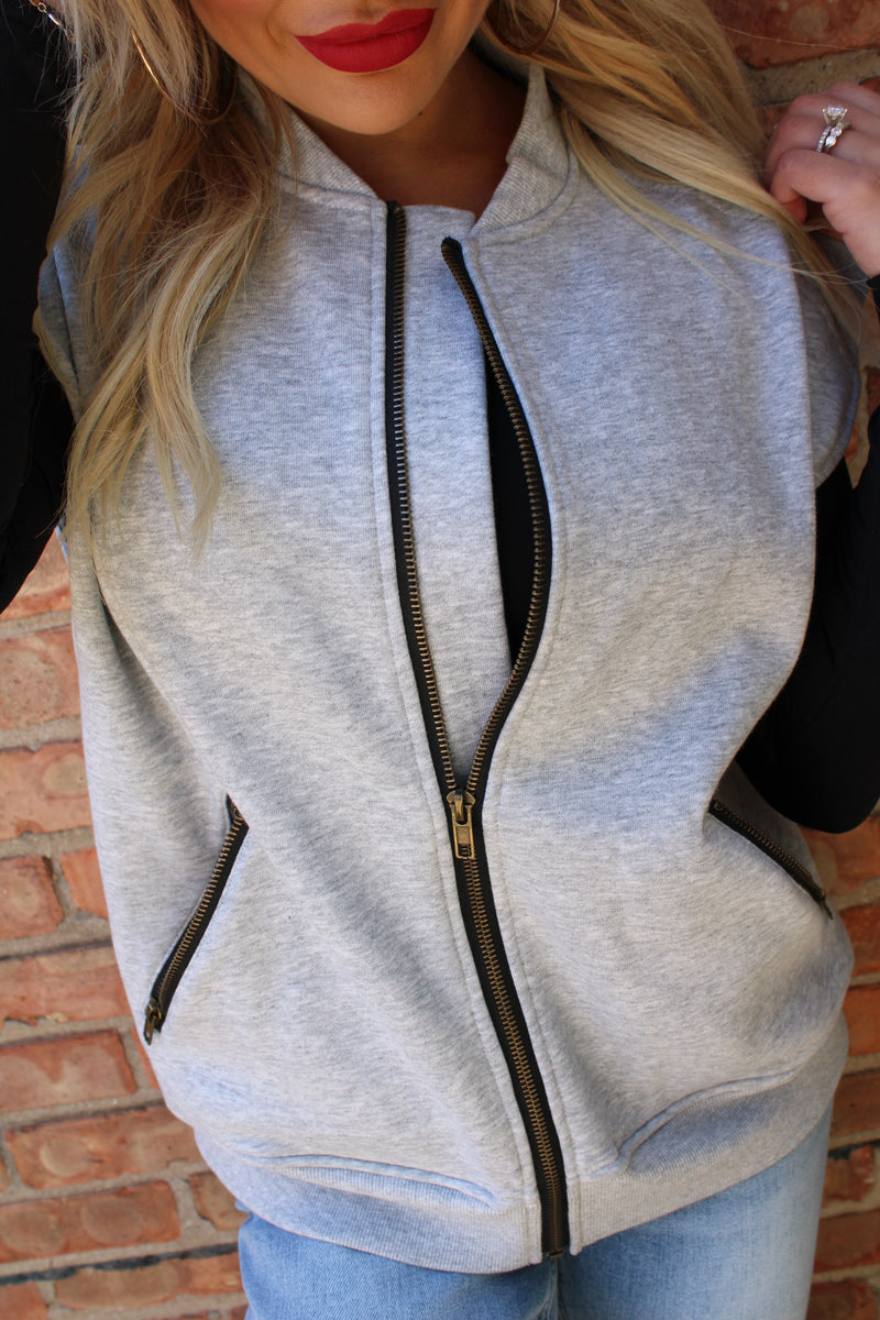 Round Neck Fleece Front Zip Vest | H.Grey
