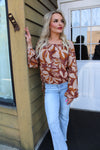 Round Neck Raglan Long Sleeve Wasit Tie Floral Print Top | Brown
