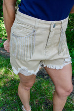 Blame it All on My Roots Rhinestone Fringe Shorts | Taupe